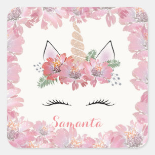 Sticker Carré Unicorne, Visage Unicorne, personnalisée, girly, f