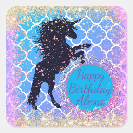 Sticker Carré Unicorne Whimsical Starry Glittery (Devant)