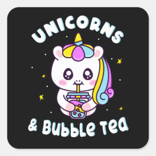 Sticker Carré Unicorns And Bubble Tea Chibi Cute Unicorn