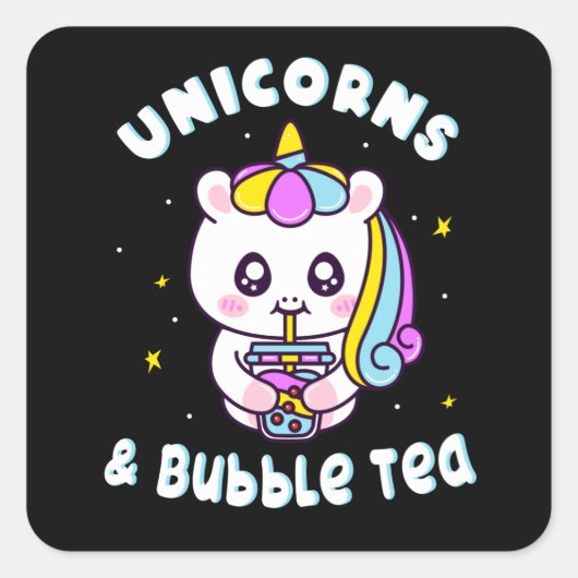 Sticker Carré Unicorns And Bubble Tea Chibi Cute Unicorn (Devant)