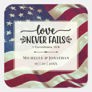 Sticker Carré USA Flag Love n'échoue jamais Mariage Bible Verse