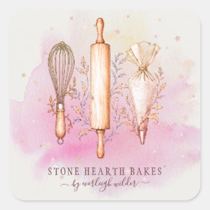 Sticker Carré Ustensiles de Pâtissier Boulangerie Rose
