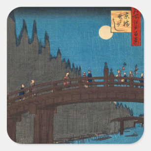 Sticker Carré Utagawa Hiroshige - Kyoto Bridge by Moonlight