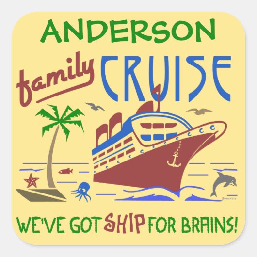 Sticker Carré Vacances croisière en famille Funny Ship | Nom per (Devant)