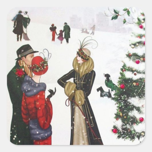 Sticker Carré Vacances de Noël Art déco rétro (Devant)