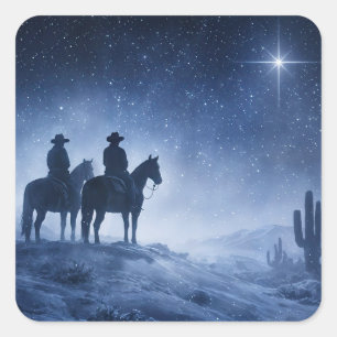 Sticker Carré Vacances de Noël Cowboys Chevaux Étoile du Nord