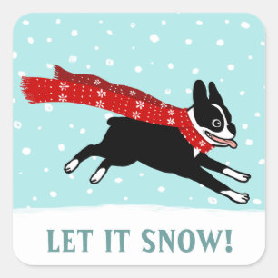 Sticker Carré Vacances d'hiver Boston Terrier laissez-le neiger 