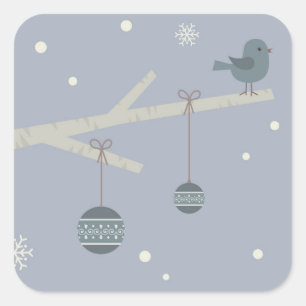Sticker Carré Vacances d'hiver xmas boule bleu oiseau dessin