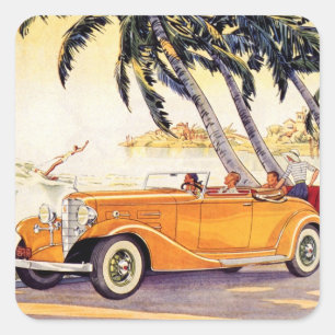 Sticker Carré Vacances en famille vintage dans une voiture décap