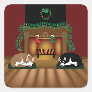 Sticker Carré Vacances Huskies by the Fireplace Sickers
