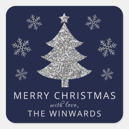 Sticker Carré Vacances Parties scintillant Bleu et Argent Arbre  (Devant)