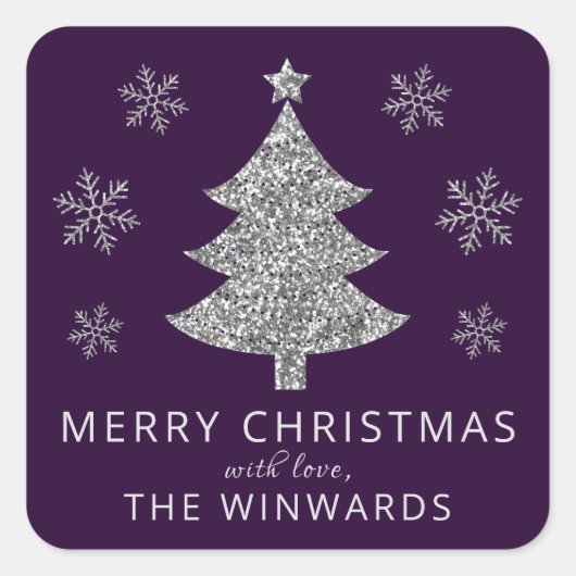 Sticker Carré Vacances Parties scintillant violet et argent Arbr (Devant)