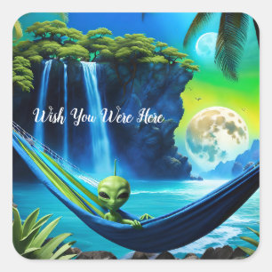 Sticker Carré Vacances Plage Alien - Souhaitez-Vous Être Ici