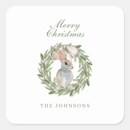 Sticker Carré Vacances Wreath Bow Adorable Lapin Lapin Noël (Devant)
