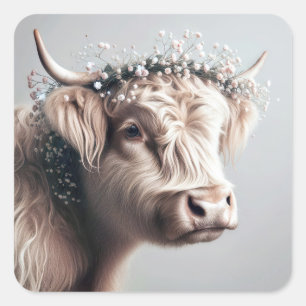 Sticker Carré Vache Boho Highland avec la couronne du souffle du