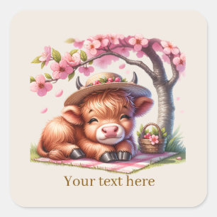 Sticker Carré Vache Cute Highland personnalisable