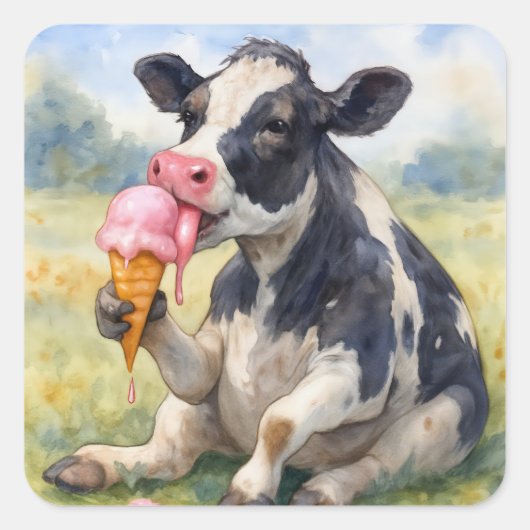 Sticker Carré Vache d'aquarelle lèche un cône de glace (Devant)