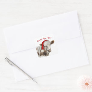 Sticker Carré Vache de Noël avec chapeau de Noël