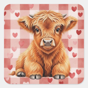 Sticker Carré Vache des Highlands Saint-Valentin Cœurs Roses Rou