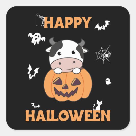 Sticker Carré Vache en Citrouille vaches mignonnes Joyeux Hallow (Devant)