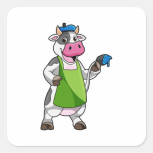 Sticker Carré Vache en peintre avec peinture et tablier