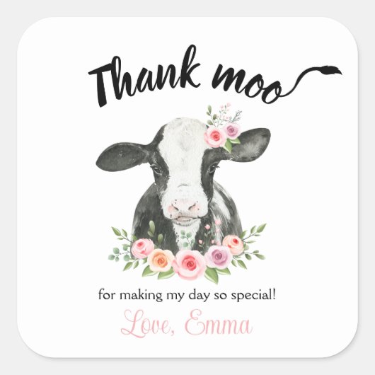 Sticker Carré Vache florale rose avec vache Imprimer merci Favor (Devant)