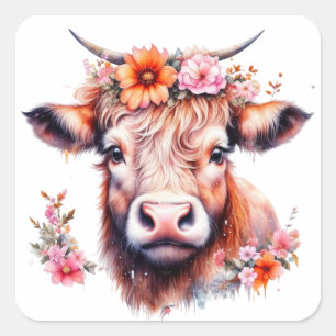 Sticker Carré Vache Highland aux fleurs roses