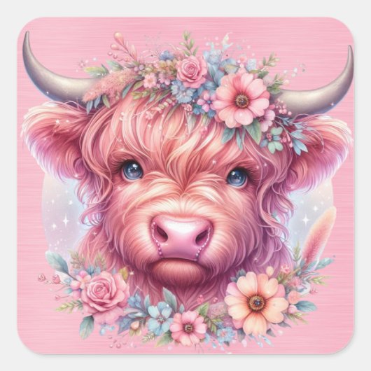 Sticker Carré Vache Highland avec tête Rose (Devant)