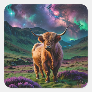 Sticker Carré Vache Highland sous les étoiles