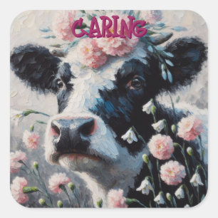 Sticker Carré Vache Holstein dans des fleurs de carnation rose v