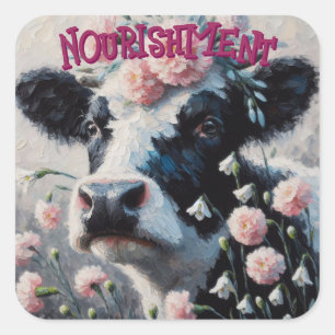 Sticker Carré Vache Holstein dans des fleurs de carnation rose v