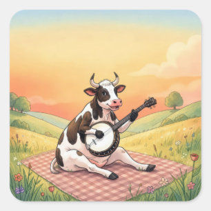 Sticker Carré Vache jouant du banjo sur une couverture