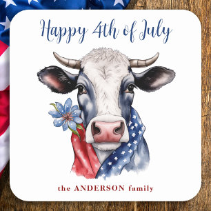 Sticker Carré Vache Joyeux 4 juillet Rouge Blanc Bleu Patriotiqu