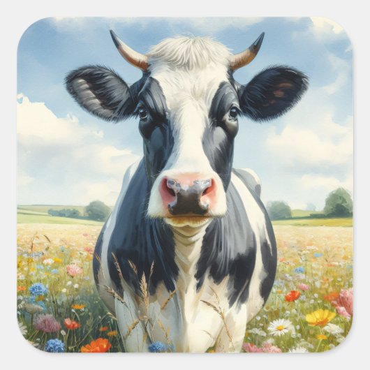 Sticker Carré Vache laitière fleur sauvage Holstein (Devant)