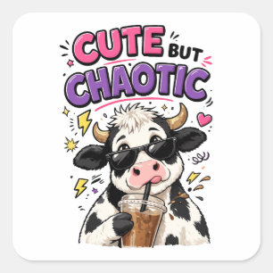 Sticker Carré Vache mignonne mais chaotique avec café glacé