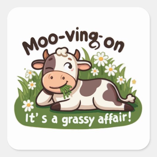 Sticker Carré Vache mignonne Manger de l'herbe (Devant)