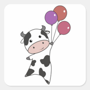Sticker Carré Vache Veau Mouches Ballons Bons Bêtes Animaux