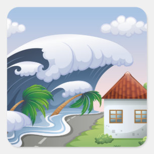 Sticker Carré Vague de tsunami frappant la route côtière tempête