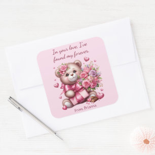 Sticker Carré Valentine Amour Rose Ours