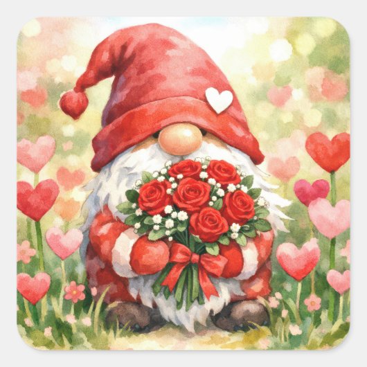 Sticker Carré Valentine Gnome with Red Rose Bouquet (Devant)