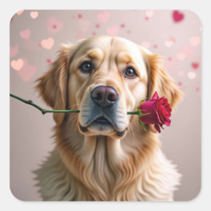 Sticker Carré Valentine Golden Retriers Avec Rose Rouge