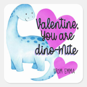 Sticker Carré Valentine Vous êtes Dino-mite Coeurs Dinosaures Bl