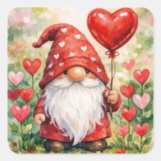 Sticker Carré Valentine's Day Gnome with Red Heart Balloon (Devant)