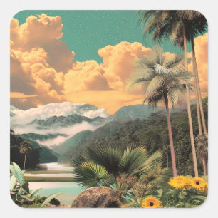 Sticker Carré Vallée Tropicale Surréaliste Avec Palmiers