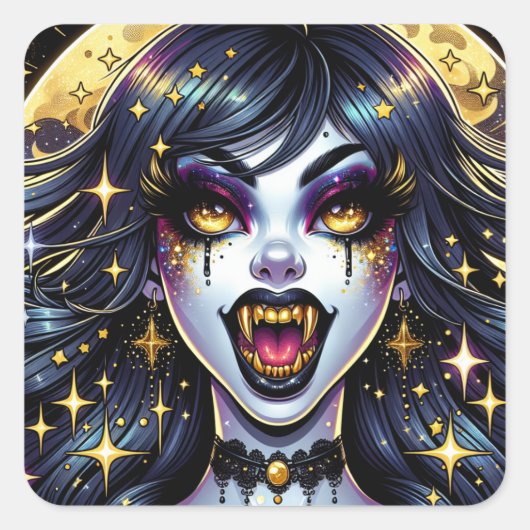 Sticker Carré Vampire avec Gold Fangs Pleine lune Halloween Part (Devant)