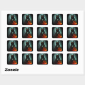 Sticker Carré Vampire Chat et Assistant Citrouille Halloween Sur (Feuille)