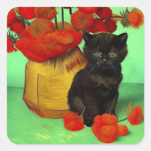Sticker Carré Van Gogh Black Kitten Fleurs rouges (Devant)