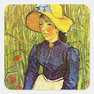Sticker Carré Van Gogh, Jeune paysanne au chapeau de paille