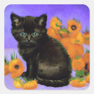 Sticker Carré Van Gogh Kitten noir avec des tournesols