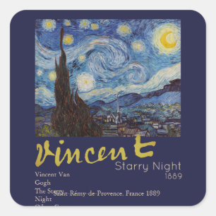 Sticker Carré Van Gogh Nuit étoilée Vintage Bleu Chef-d'œuvre
